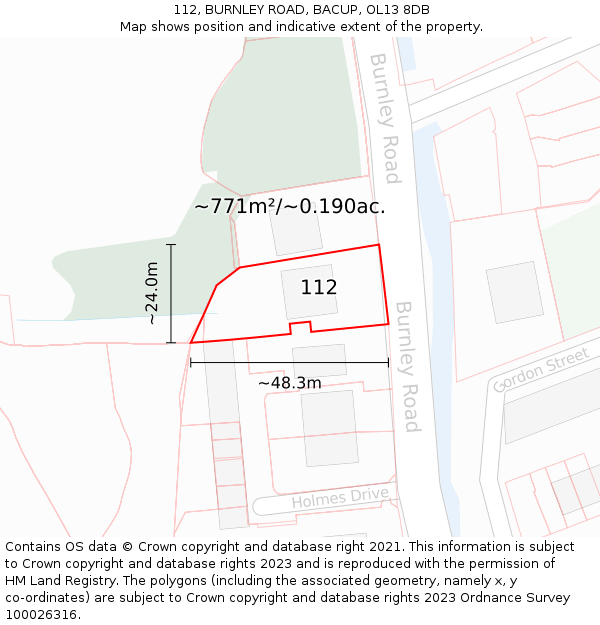 112, BURNLEY ROAD, BACUP, OL13 8DB: Plot and title map