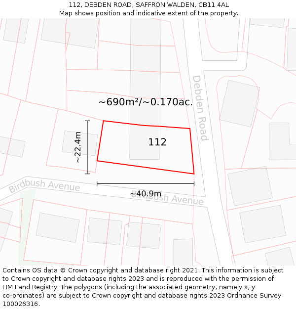 112, DEBDEN ROAD, SAFFRON WALDEN, CB11 4AL: Plot and title map