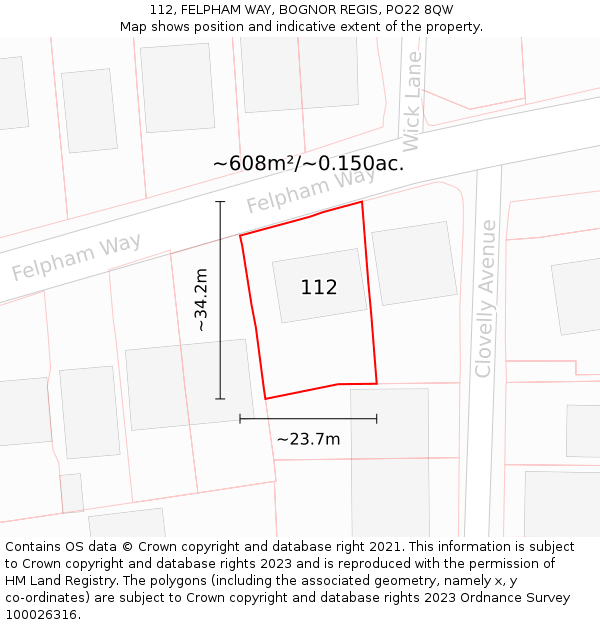 112, FELPHAM WAY, BOGNOR REGIS, PO22 8QW: Plot and title map