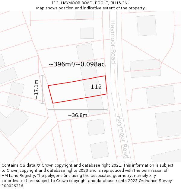 112, HAYMOOR ROAD, POOLE, BH15 3NU: Plot and title map