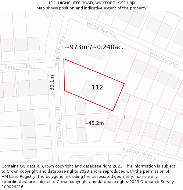 112, HIGHCLIFFE ROAD, WICKFORD, SS11 8JX: Plot and title map