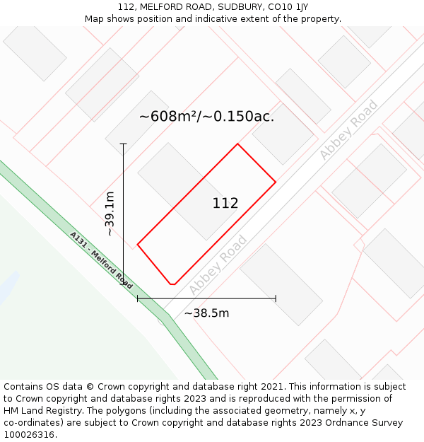 112, MELFORD ROAD, SUDBURY, CO10 1JY: Plot and title map