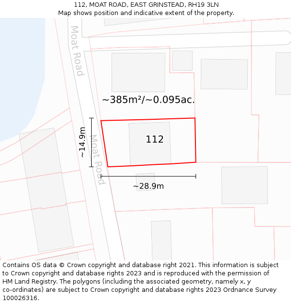 112, MOAT ROAD, EAST GRINSTEAD, RH19 3LN: Plot and title map