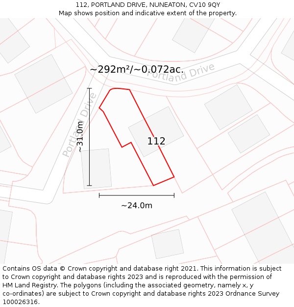 112, PORTLAND DRIVE, NUNEATON, CV10 9QY: Plot and title map