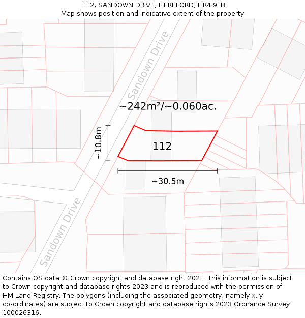 112, SANDOWN DRIVE, HEREFORD, HR4 9TB: Plot and title map