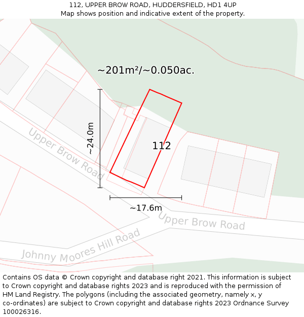 112, UPPER BROW ROAD, HUDDERSFIELD, HD1 4UP: Plot and title map