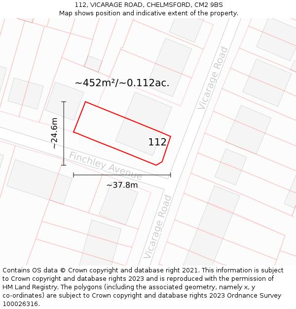 112, VICARAGE ROAD, CHELMSFORD, CM2 9BS: Plot and title map