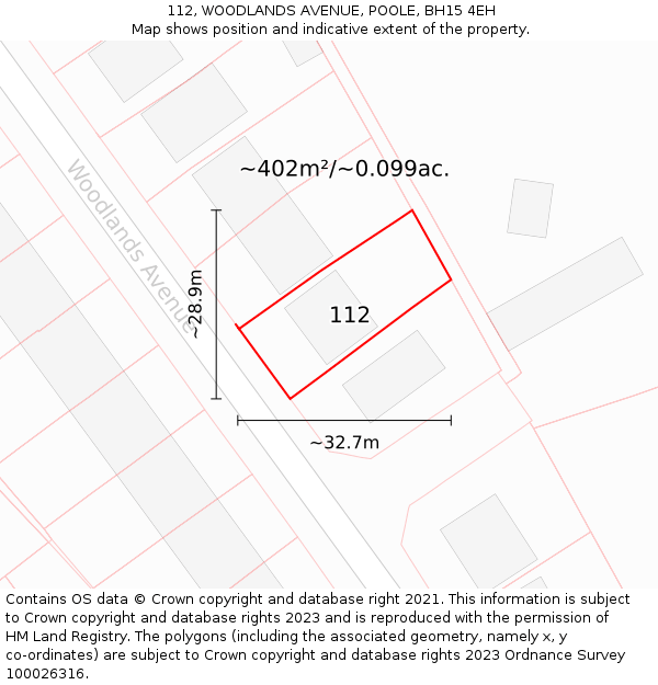 112, WOODLANDS AVENUE, POOLE, BH15 4EH: Plot and title map