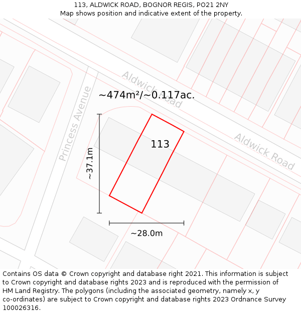 113, ALDWICK ROAD, BOGNOR REGIS, PO21 2NY: Plot and title map