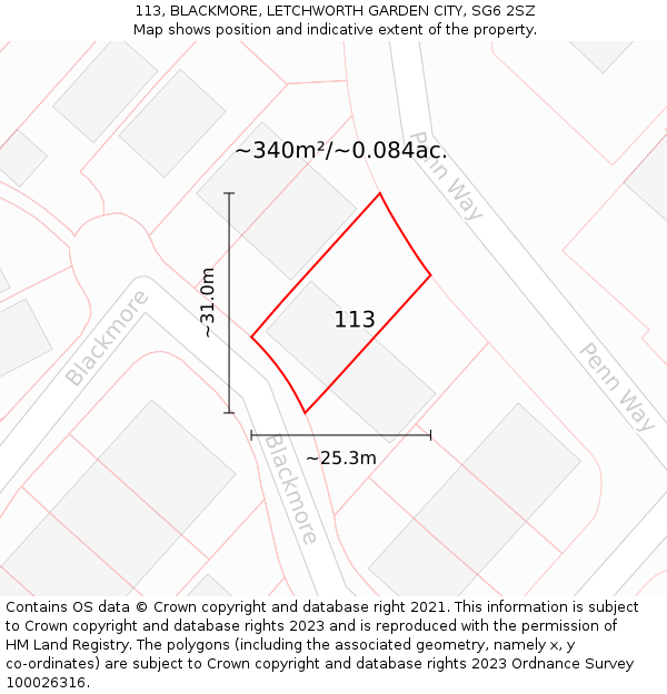 113, BLACKMORE, LETCHWORTH GARDEN CITY, SG6 2SZ: Plot and title map