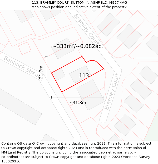 113, BRAMLEY COURT, SUTTON-IN-ASHFIELD, NG17 4AG: Plot and title map