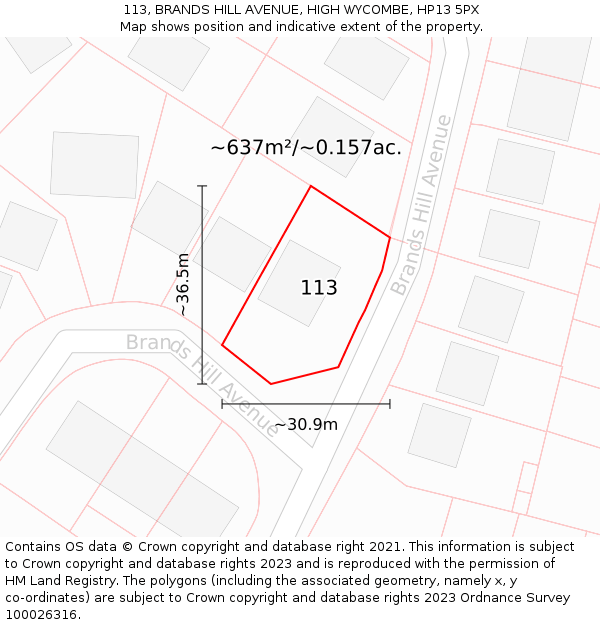 113, BRANDS HILL AVENUE, HIGH WYCOMBE, HP13 5PX: Plot and title map