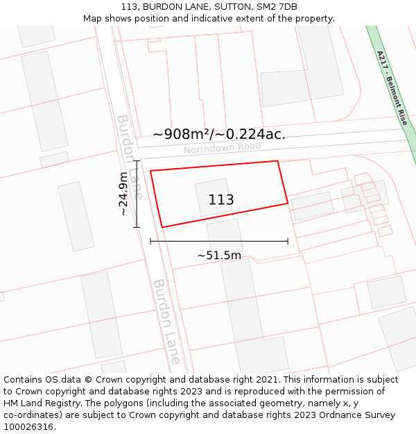 113, BURDON LANE, SUTTON, SM2 7DB: Plot and title map