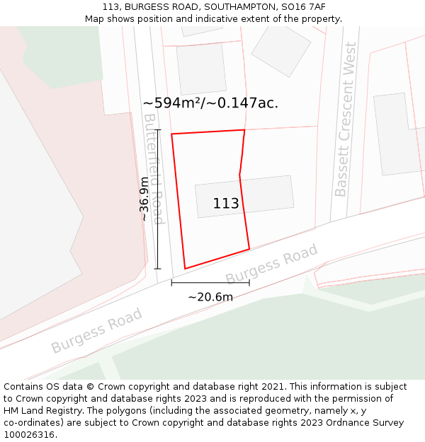 113, BURGESS ROAD, SOUTHAMPTON, SO16 7AF: Plot and title map