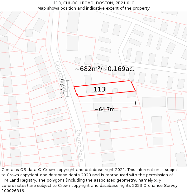 113, CHURCH ROAD, BOSTON, PE21 0LG: Plot and title map