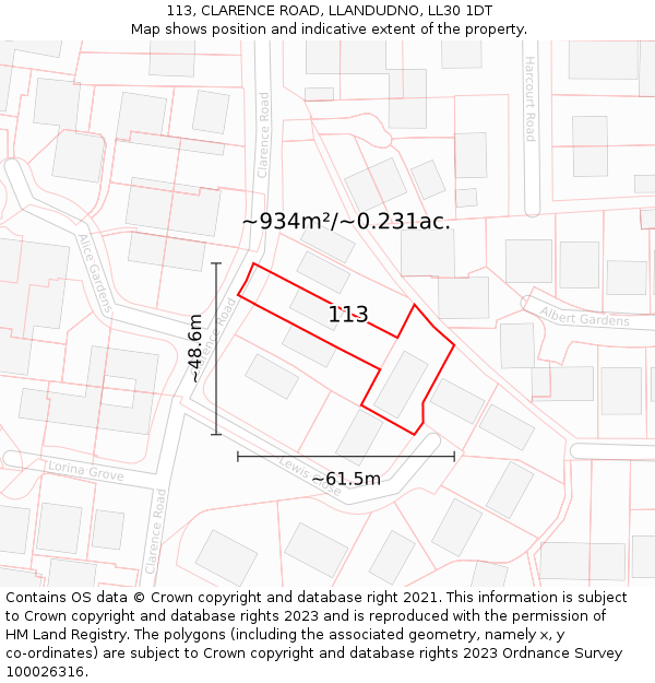 113, CLARENCE ROAD, LLANDUDNO, LL30 1DT: Plot and title map