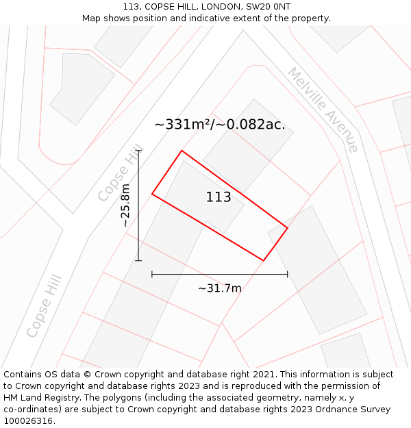 113, COPSE HILL, LONDON, SW20 0NT: Plot and title map