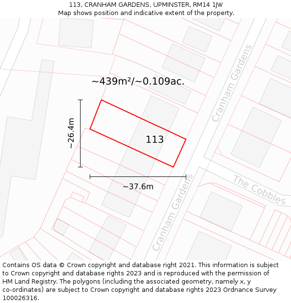 113, CRANHAM GARDENS, UPMINSTER, RM14 1JW: Plot and title map