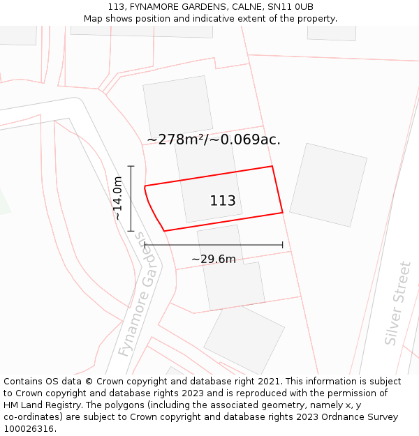 113, FYNAMORE GARDENS, CALNE, SN11 0UB: Plot and title map