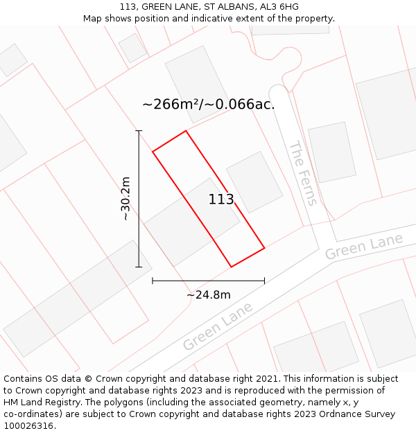 113, GREEN LANE, ST ALBANS, AL3 6HG: Plot and title map