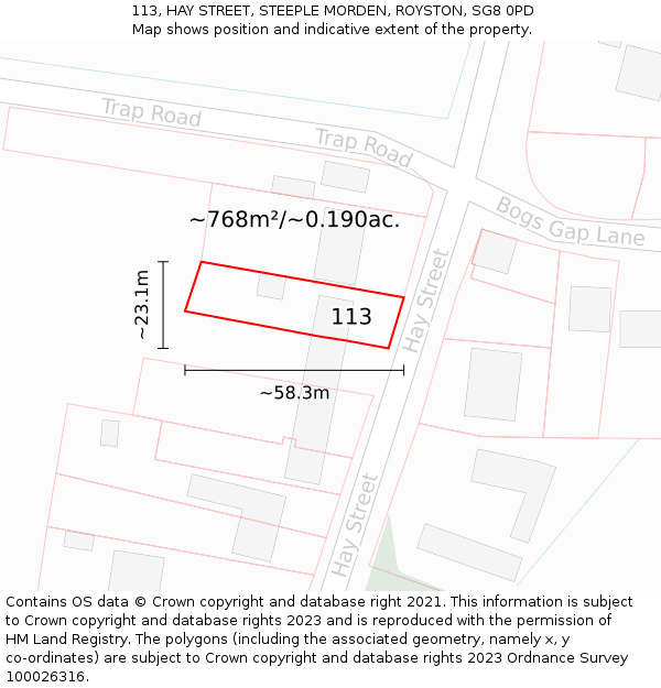 113, HAY STREET, STEEPLE MORDEN, ROYSTON, SG8 0PD: Plot and title map