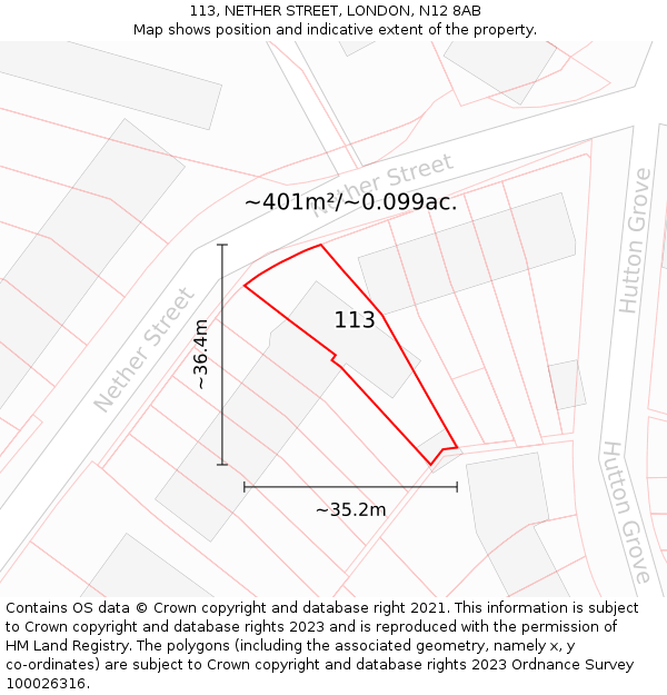 113, NETHER STREET, LONDON, N12 8AB: Plot and title map