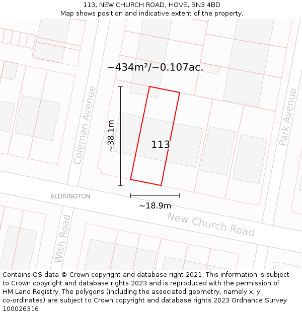 113, NEW CHURCH ROAD, HOVE, BN3 4BD: Plot and title map