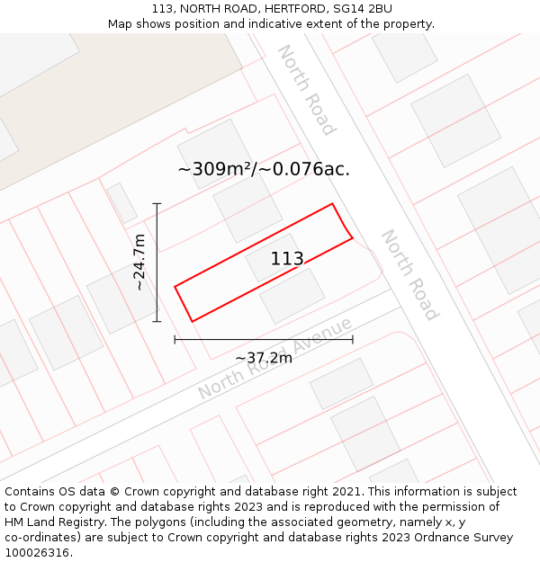 113, NORTH ROAD, HERTFORD, SG14 2BU: Plot and title map