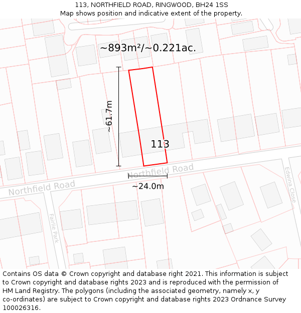 113, NORTHFIELD ROAD, RINGWOOD, BH24 1SS: Plot and title map