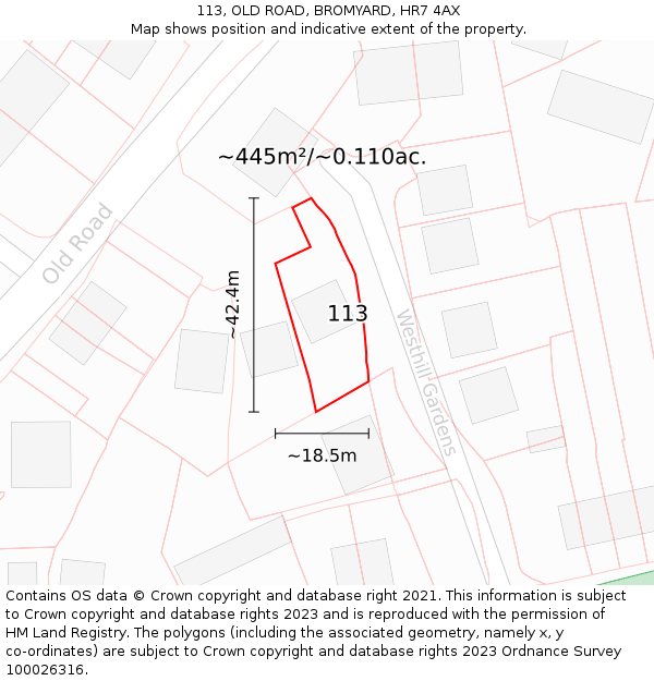 113, OLD ROAD, BROMYARD, HR7 4AX: Plot and title map