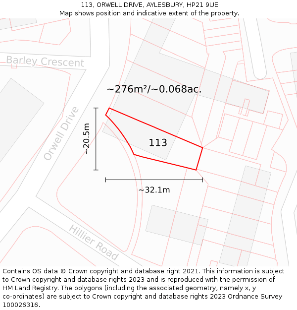 113, ORWELL DRIVE, AYLESBURY, HP21 9UE: Plot and title map