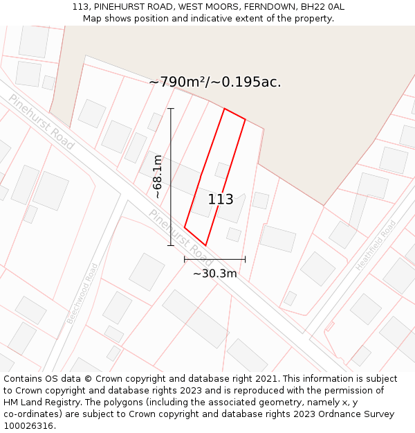 113, PINEHURST ROAD, WEST MOORS, FERNDOWN, BH22 0AL: Plot and title map