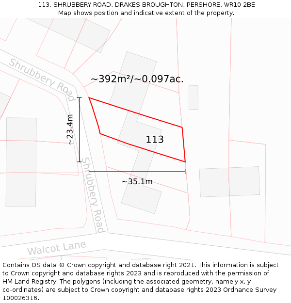 113, SHRUBBERY ROAD, DRAKES BROUGHTON, PERSHORE, WR10 2BE: Plot and title map