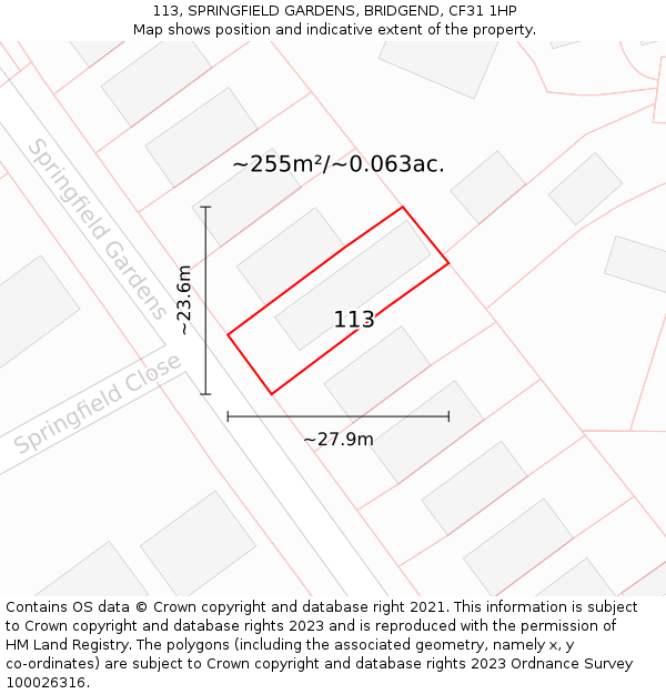 113, SPRINGFIELD GARDENS, BRIDGEND, CF31 1HP: Plot and title map