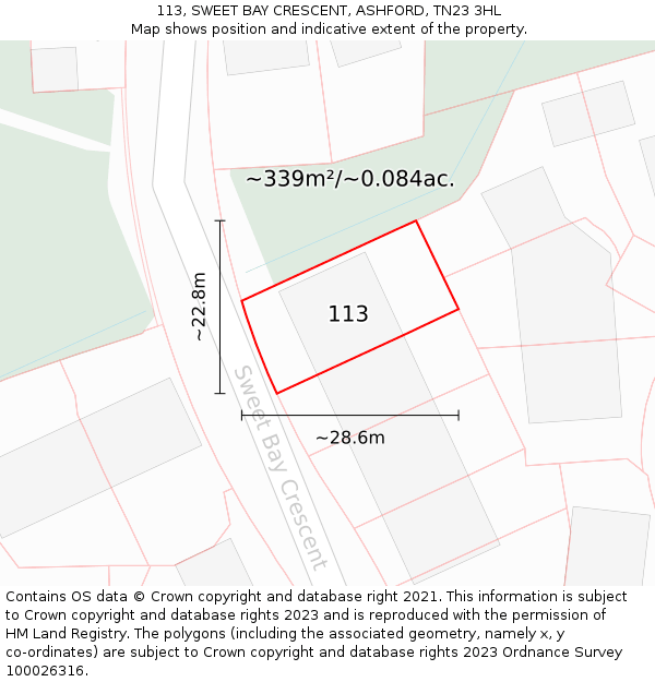 113, SWEET BAY CRESCENT, ASHFORD, TN23 3HL: Plot and title map