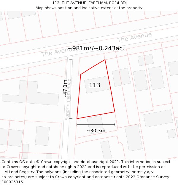 113, THE AVENUE, FAREHAM, PO14 3DJ: Plot and title map