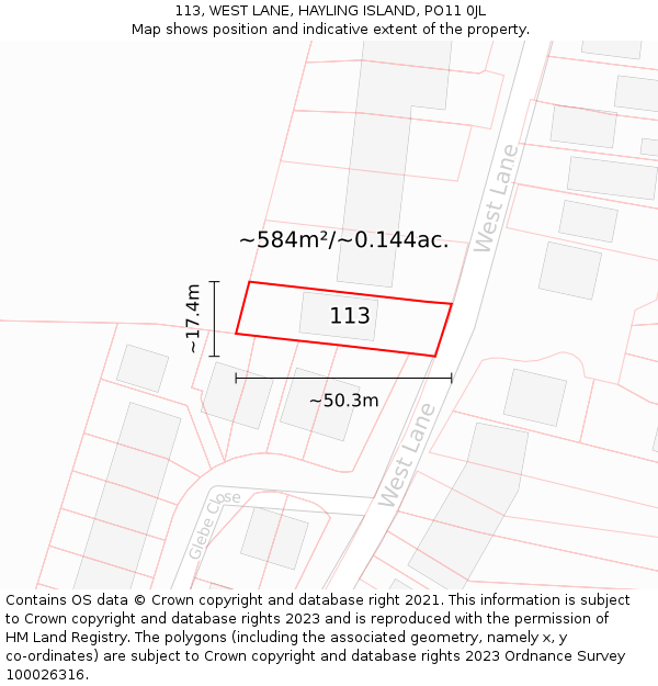 113, WEST LANE, HAYLING ISLAND, PO11 0JL: Plot and title map