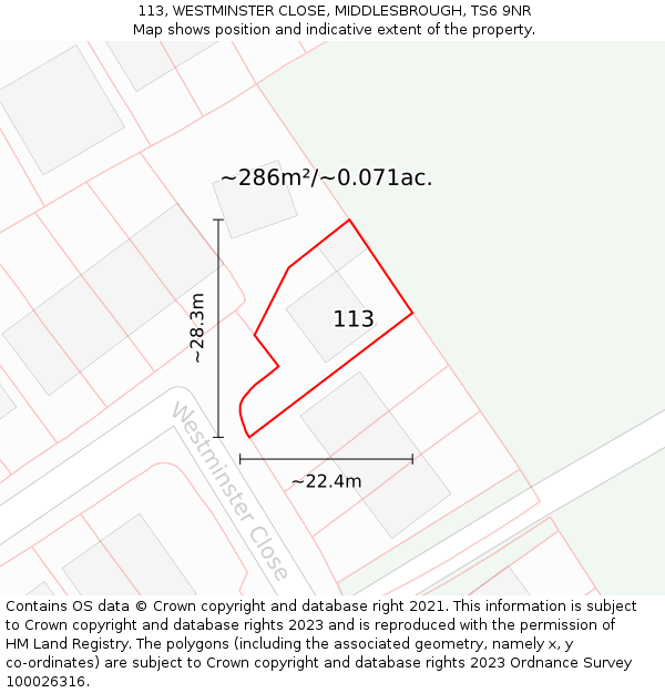 113, WESTMINSTER CLOSE, MIDDLESBROUGH, TS6 9NR: Plot and title map