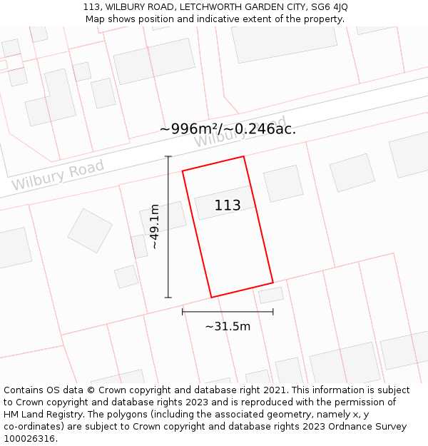 113, WILBURY ROAD, LETCHWORTH GARDEN CITY, SG6 4JQ: Plot and title map