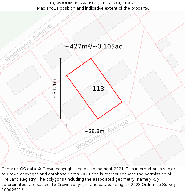 113, WOODMERE AVENUE, CROYDON, CR0 7PH: Plot and title map