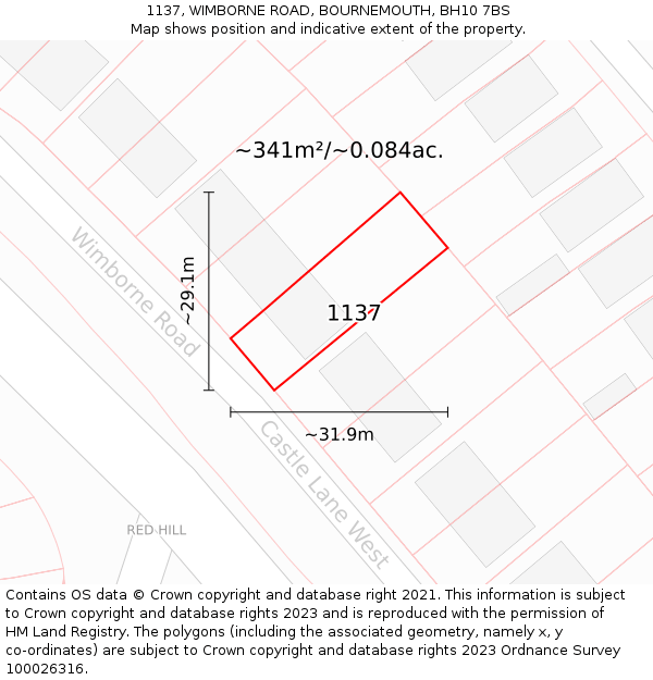 1137, WIMBORNE ROAD, BOURNEMOUTH, BH10 7BS: Plot and title map