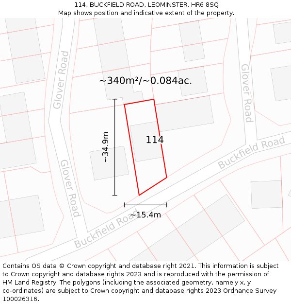 114, BUCKFIELD ROAD, LEOMINSTER, HR6 8SQ: Plot and title map