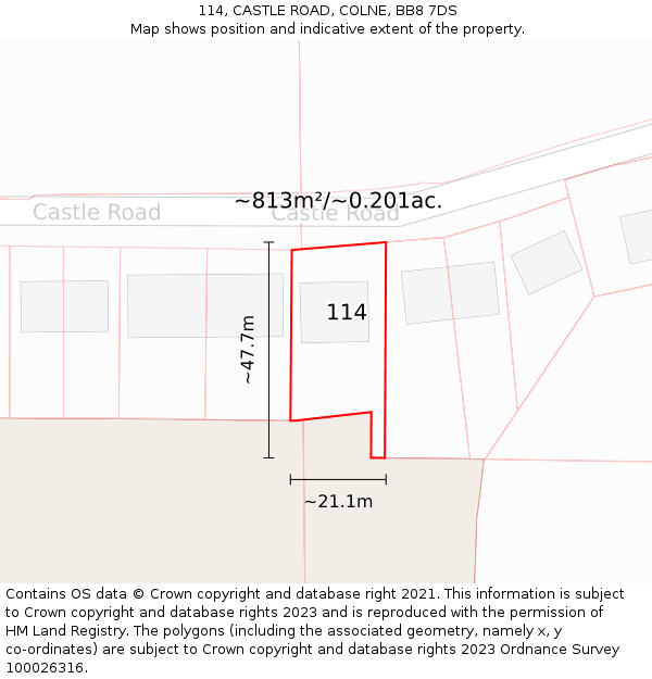 114, CASTLE ROAD, COLNE, BB8 7DS: Plot and title map