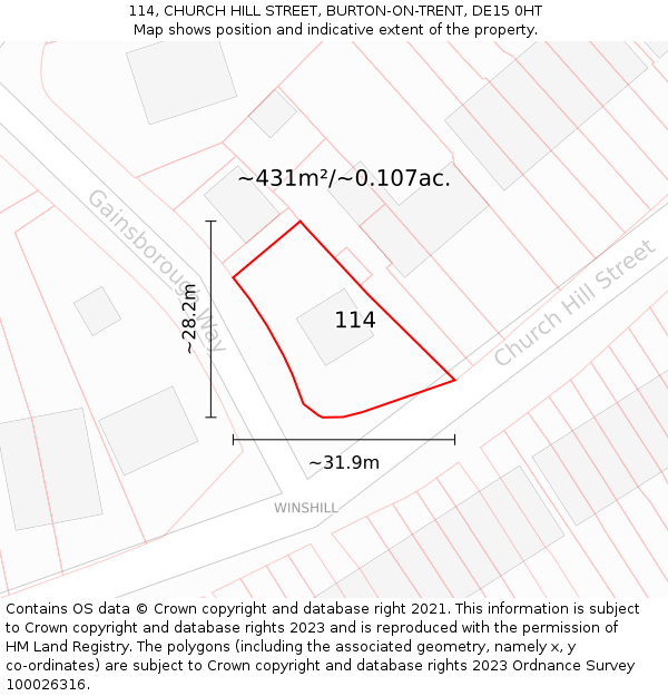 114, CHURCH HILL STREET, BURTON-ON-TRENT, DE15 0HT: Plot and title map