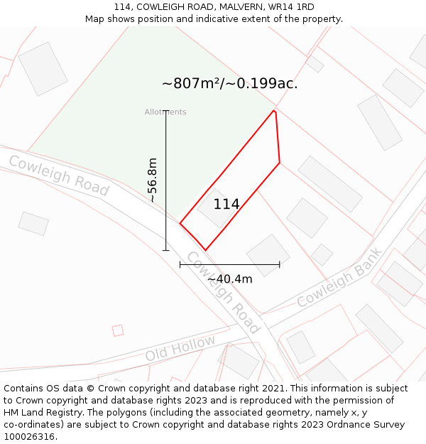 114, COWLEIGH ROAD, MALVERN, WR14 1RD: Plot and title map