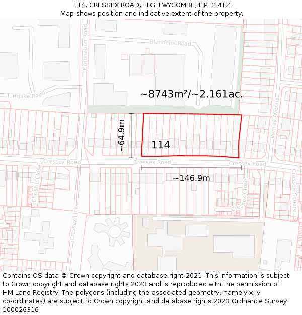 114, CRESSEX ROAD, HIGH WYCOMBE, HP12 4TZ: Plot and title map