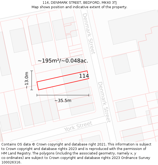 114, DENMARK STREET, BEDFORD, MK40 3TJ: Plot and title map