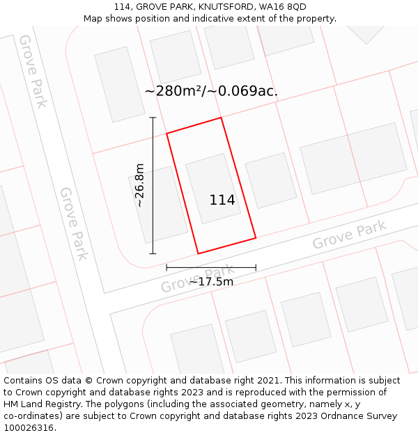114, GROVE PARK, KNUTSFORD, WA16 8QD: Plot and title map