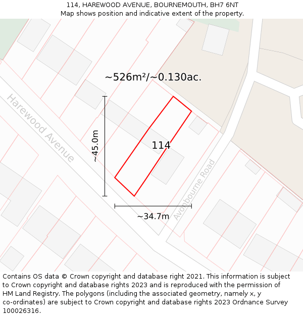 114, HAREWOOD AVENUE, BOURNEMOUTH, BH7 6NT: Plot and title map
