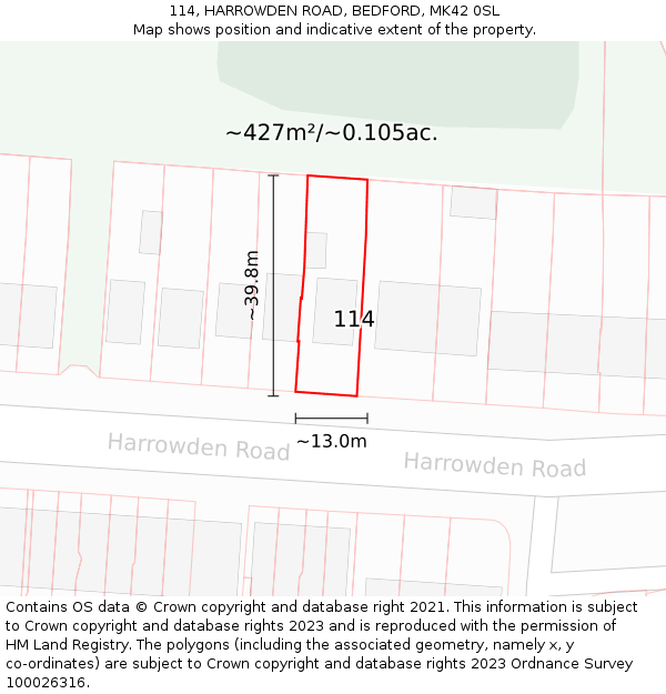 114, HARROWDEN ROAD, BEDFORD, MK42 0SL: Plot and title map